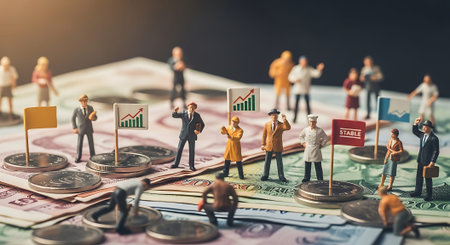 Miniature figures representing various professions on a background of money and coins, holding signs with business symbols and charts.の素材