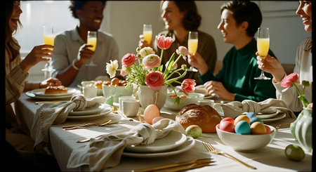 A group of people toasting at a table set with Easter decorations, including colored eggs, bread, and flowers.の素材
