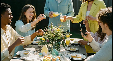 A joyful gathering of friends clinking glasses and enjoying desserts at a beautifully set table with flowers and pastel colors.の素材