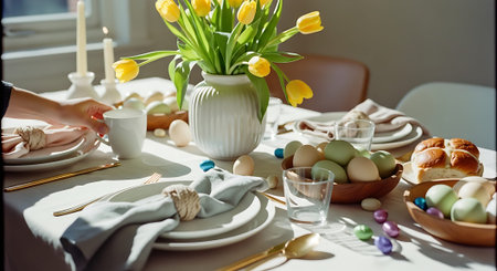 A beautifully set Easter table with yellow tulips, decorated eggs, pastries, and elegant tableware in a bright, inviting room.の素材