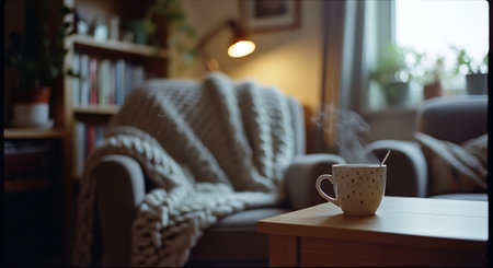 Cup of coffee on a table in the living room at homeの素材