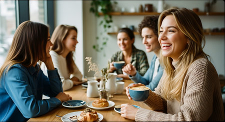 Group of friends sitting in cafe and drinking coffee. Focus on womanの素材