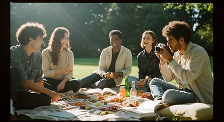 Group of friends having picnic in the park on a sunny summer dayの素材