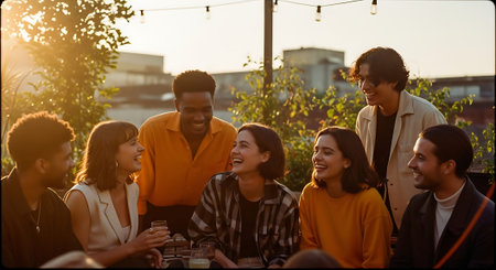 Group of happy friends having fun together at a rooftop party. Cheerful young men and women laughing and having fun together.の素材