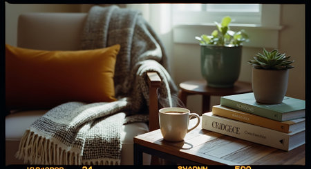 Coffee cup and books on wooden table in living room.の素材