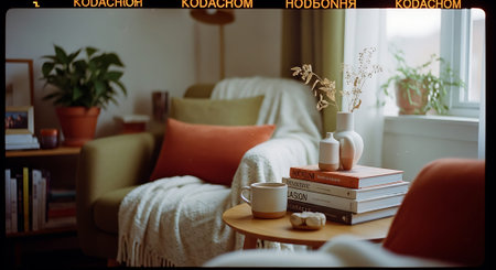 Coffee cup and books on table in living room at homeの素材