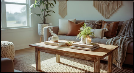 Cozy living room with wooden table, coffee cup, books and plantsの素材