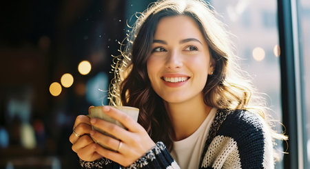 A cheerful woman with wavy hair smiles while holding a coffee cup in a city cafe with blurred lights in the background.の素材