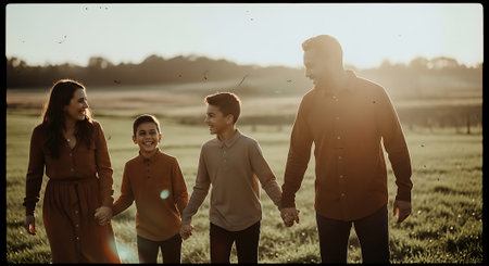 A family of four, two adults and two children, walking hand in hand in a sunlit field with a serene landscape in the background.の素材