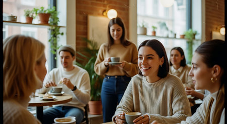 A group of young women smiling and chatting over coffee in a bright, plant-filled cafe with wooden decor and large windows.の素材