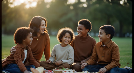 A joyful family picnic in a park with a mother and four children sitting on a blanket, smiling and enjoying each other's company.の素材