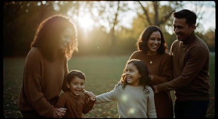 A joyful family of five posing together in a park during sunset, with warm smiles and embracing each other.の素材