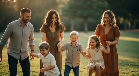 A joyful family of six, including two adults and four children, walking hand in hand in a lush, sunlit park.の素材