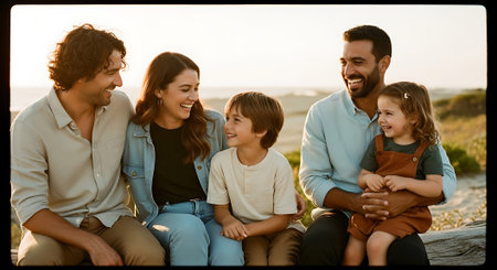 A joyful family of five, including two adults and three children, sitting close together outdoors during sunset.の素材
