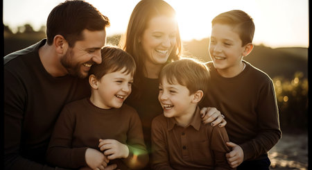 A joyful family of five, including parents and three young boys, embracing and laughing during a warm sunset.の素材