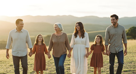 A multi-generational family of six holding hands and walking in a field during sunset with mountains in the background.の素材