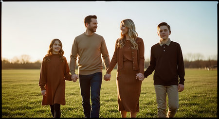 A family of four, two adults and two children, walking hand in hand in a grassy field during sunset.の素材