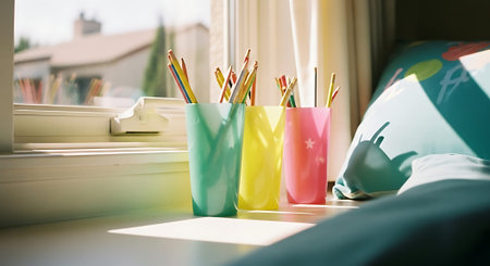 Brightly colored pencils in green, yellow, and red vases on a windowsill with natural light and a blurred outdoor view.の素材