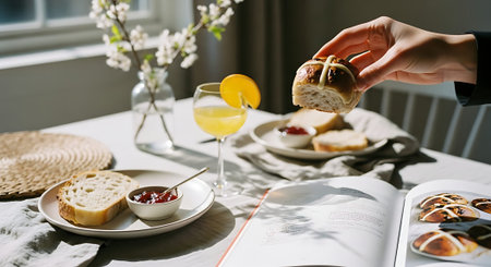 A person adding toppings to bread on a rustic table with white plates, a glass of white wine, and a vase of flowers.の素材