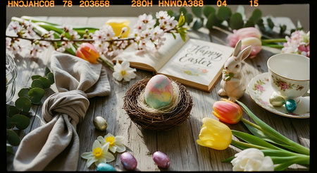 A festive Easter scene featuring pastel eggs, blooming flowers, a tea set, and a cute bunny figurine on a rustic wooden table.の素材
