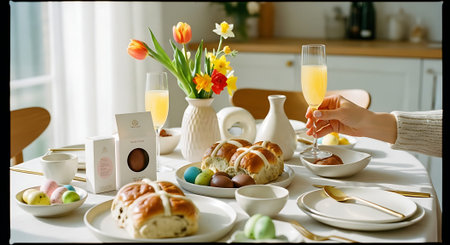 A beautifully set Easter brunch table with pastries, decorated eggs, flowers, and champagne. The table is adorned with white and colorful decor.の素材
