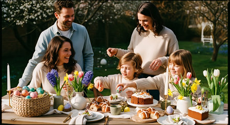 A family of five celebrates Easter outdoors with cake, pastries, and colorful flowers on a table.の素材