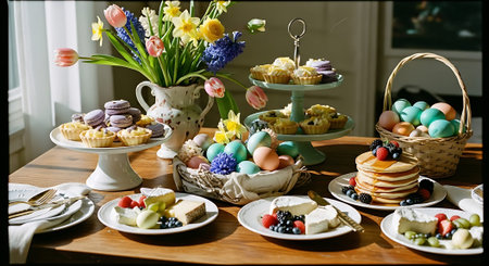 Vibrant Easter-themed table setting with pastries, fruit plates, decorated eggs, and floral arrangements on a wooden table.の素材