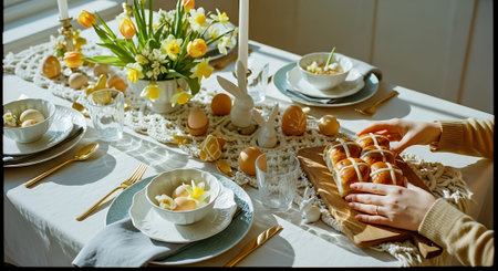 A beautifully set Easter brunch table with pastries, floral centerpieces, and delicate tableware. A person reaches for a pastry on a rustic wooden board.の素材