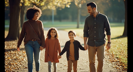 A family of four holding hands and walking down a path in a park during autumn, surrounded by trees with falling leaves.の素材