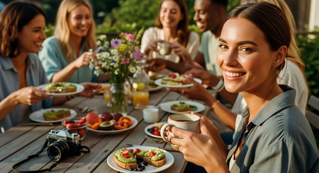 A cheerful group of friends sharing a meal outdoors, with plates of fresh food, flowers, and cameras on the table.の素材
