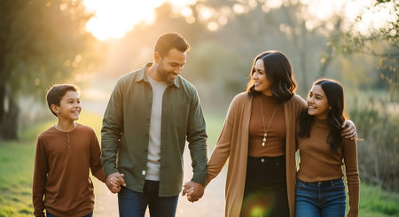A joyful family of four, two parents and two children, holding hands and walking on a path during a warm sunset in a park.の素材