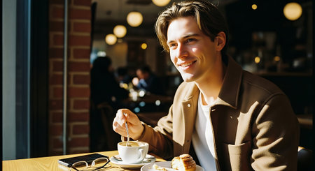 A man in a brown jacket smiles while stirring coffee and eating a pastry at a cafe table.の素材