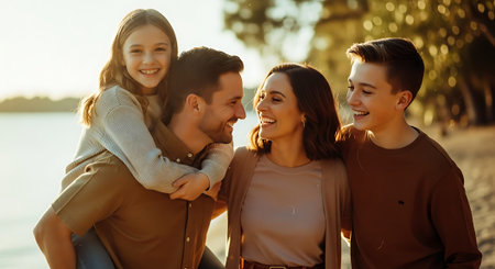 A joyful family of four, including two parents and two children, laughing and embracing during a beautiful sunset at the beach.の素材