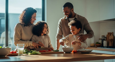 A family of four smiles while preparing a meal in a bright, contemporary kitchen with fresh vegetables on the counter.の素材