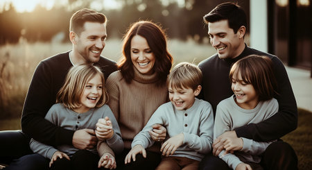 A joyful family of five posing together outdoors, with four children and two adults smiling at the camera.の素材