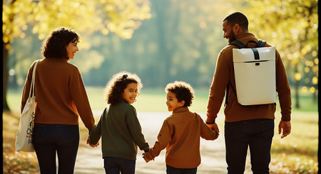 A family of four walks together holding hands in a sunny autumn park with trees displaying fall colors.の素材