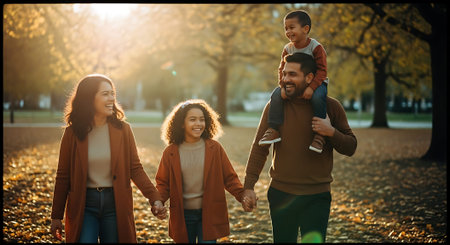 A joyful family of four strolls through a park in autumn, with warm sunlight filtering through the trees.の素材