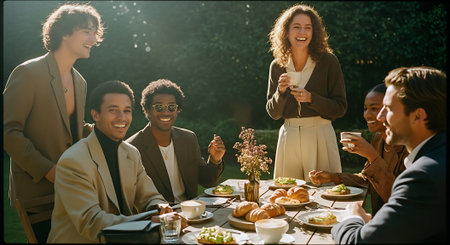 A joyful group of friends gathered around a table outdoors, sharing food, drinks, and laughter during a dinner party.の素材