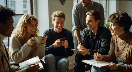 A diverse group of young people sitting together, laughing, and working on notes and phones.の素材