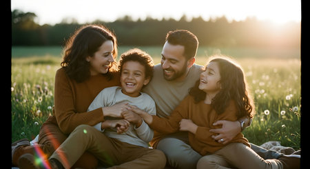 A joyful family of four sitting on a blanket in a field, laughing and embracing during sunset.の素材