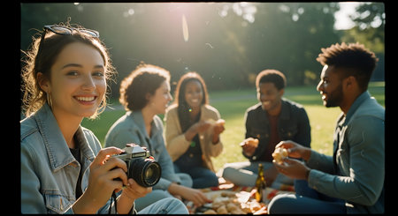 A cheerful group of friends sitting on a blanket in a park, enjoying food and drinks. One person holds a camera, smiling at the group.の素材