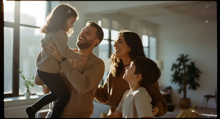 A joyful family of four enjoying quality time indoors, with a father lifting his daughter in the air while the mother and son laugh nearby.の素材