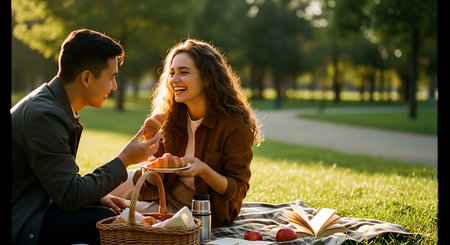 A young couple sharing a smile and food during a picnic in a sunny park, surrounded by greenery and trees.の素材