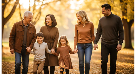 A happy multi-generational family holding hands while walking in a park during autumn with warm sunlight and fall foliage.の素材