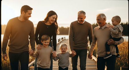 A multi-generational family of seven walks hand-in-hand on a wooden dock by a lake at sunset.の素材