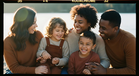 A joyful family of five, including two adults and three children, laughing and posing closely together outside near water.の素材