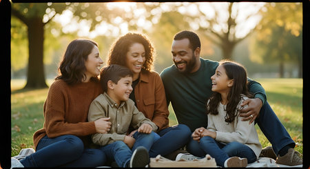 A joyful family of five sitting closely on a blanket in a park, smiling and embracing during a sunny autumn day.の素材