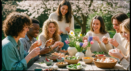 A joyful group of friends gathered outdoors under blooming trees, sharing a meal with decorated eggs, flowers, and various dishes on a table.の素材