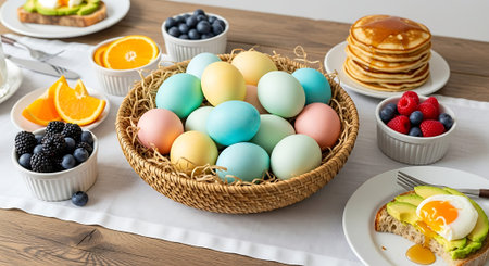 A wicker basket filled with pastel-colored Easter eggs surrounded by a variety of breakfast foods, including pancakes, fruit, and an egg dish.の素材