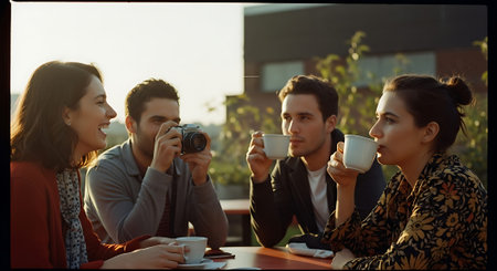 Four friends sitting together outdoors, drinking coffee, and engaging in conversation during sunset.の素材